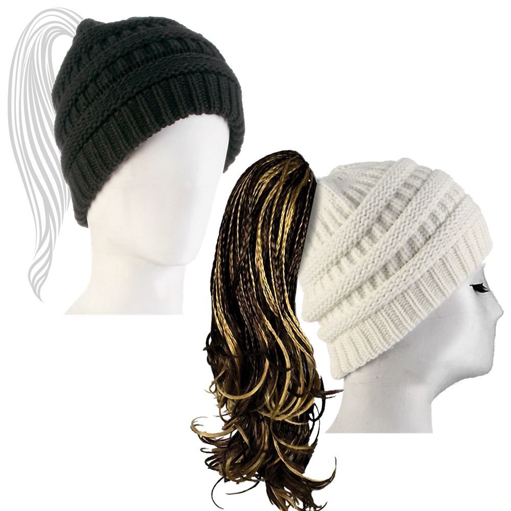 Allana Knit Ponytail Beanie w/ Opening, Colour: Ivory, Size: O/S