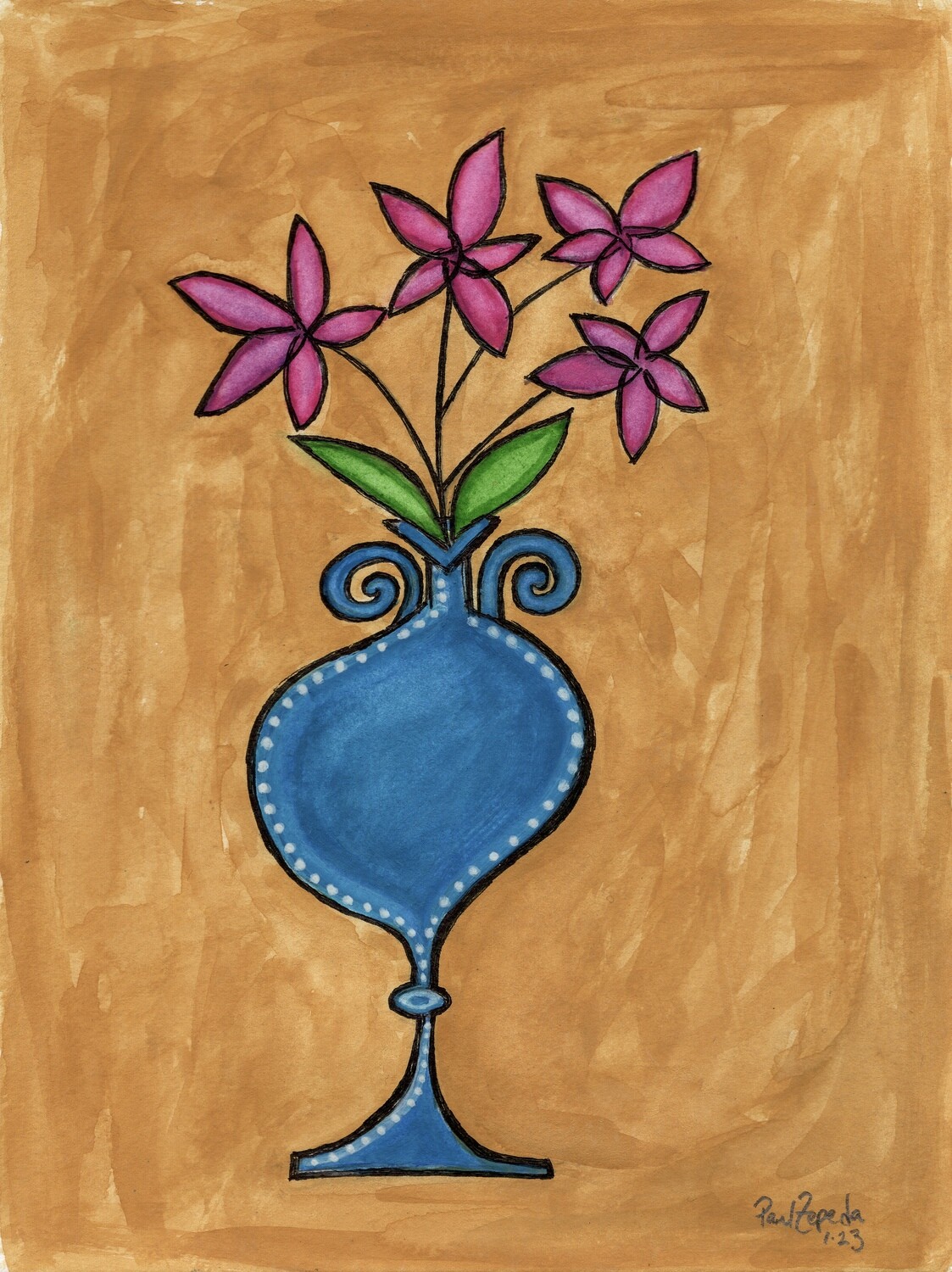 Pink Flowers Blue Stone Vase