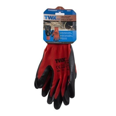 1 Knitted Polyester Gloves Red With Nitrile Black PU Palm (XL)