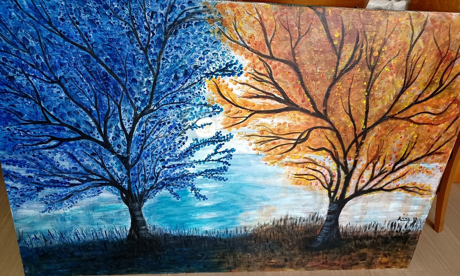 Tableau acrylique sur toile,vue nocturne d&#39;un lac 140/90cm
