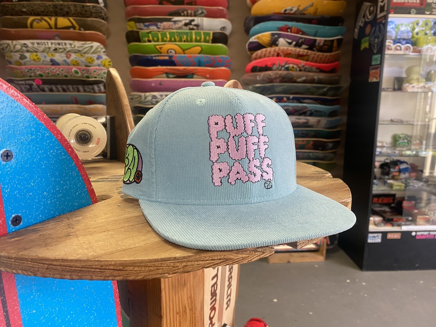 Baby Blue Snap Back Puff Puff Pass Corduroy Hat. High Quality