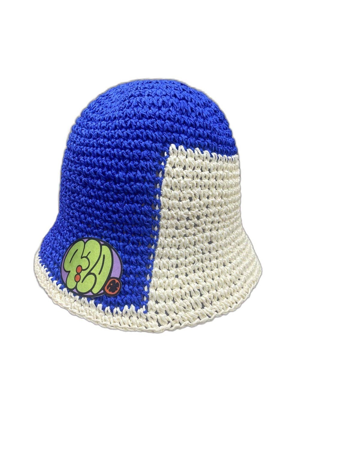 Woven Foldable Straw Bucket Hat - Blue &amp; White