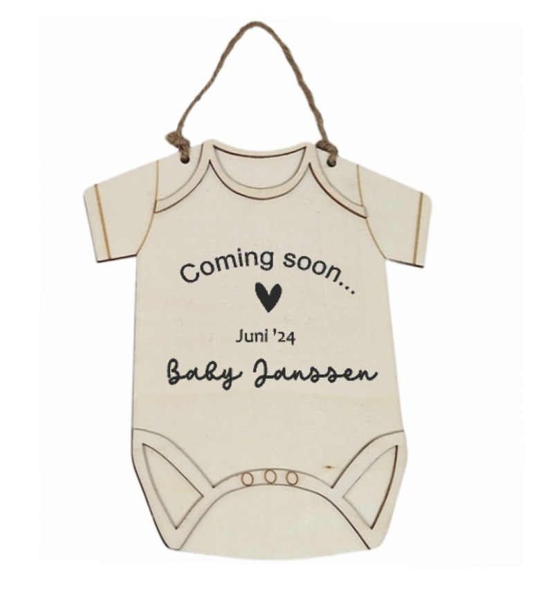 Zwangerschapsaankondiging, houten romper