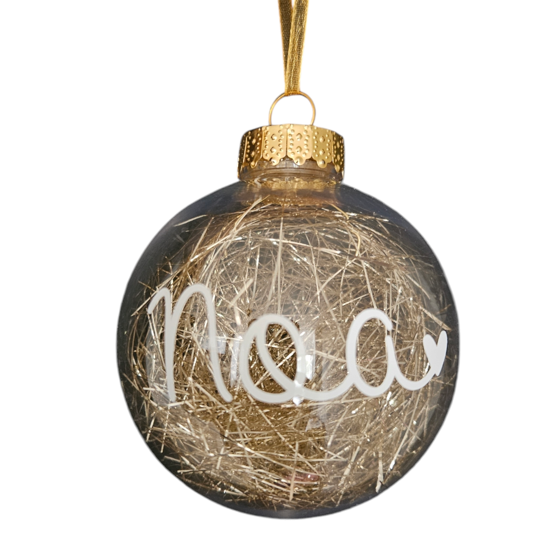 Kerstbal met naam,  doorzichtig goud
