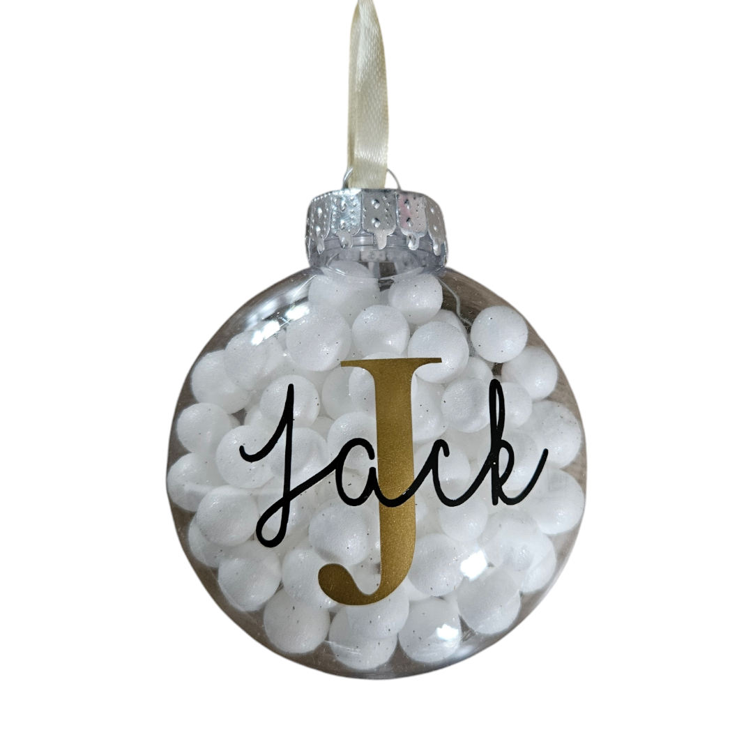 Kerstbal met naam, witte bolletjes