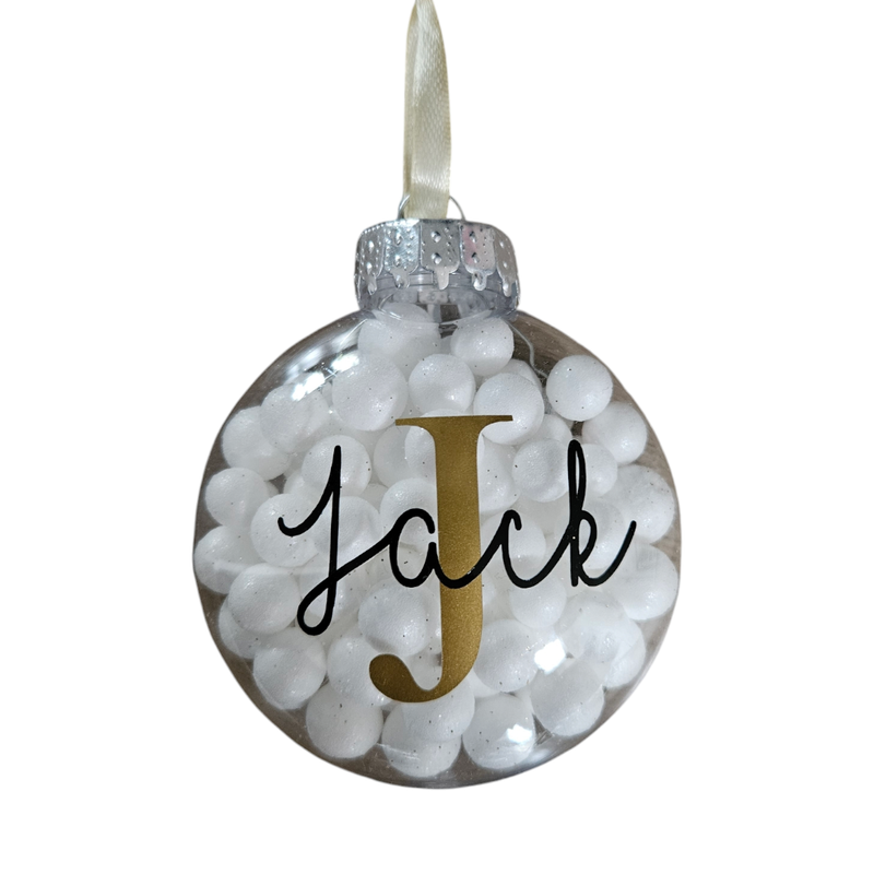 Kerstbal met naam, witte bolletjes
