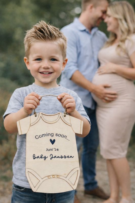 Zwangerschapsaankondiging, houten romper