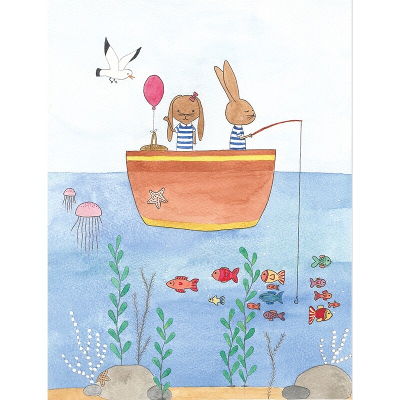 A4 Fishing Bunnies - Print on demand, nursery art print, kidsroom decor, watercolour painting, new baby gift, children's illustration, nursery wall art, sea animals