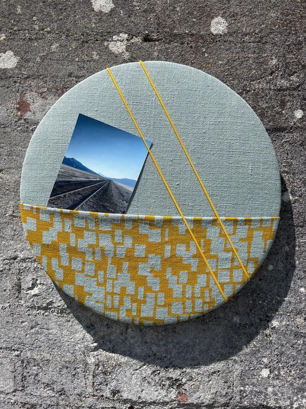 Pale blue linen and mustard block pocket Pinboard