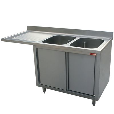 Sink 2 tanks 400x500xh275 left draining board on cupboard with 2 sliding doors and with dishwasher space