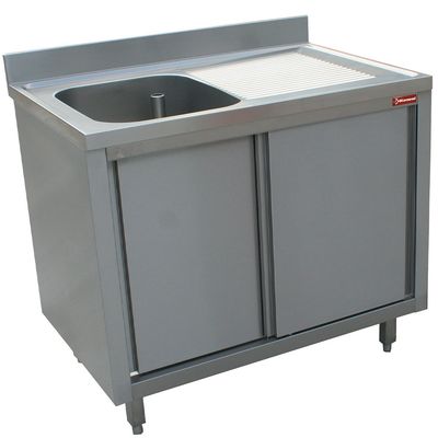 Sink 1 tank 600x500xh275, right draining board on cupboard 2 sliding doors