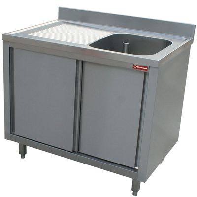 Sink 1 tank 600x500xh275, left draining board on cupboard with 2 sliding doors