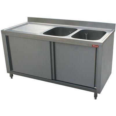Sink 2 tanks 500x500xh325, left draining board on cupboard 2 sliding doors