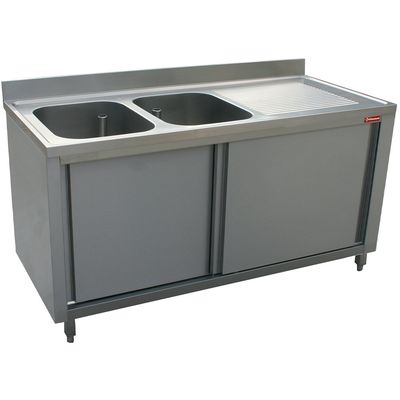 Sink 2 tanks 400x500xh275, right draining board on cupboard with 2 sliding doors