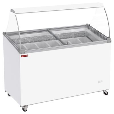 Ice cream display freezer, 381 liters, sliding lids on wheels with curved glass, capacity for 7 tubs