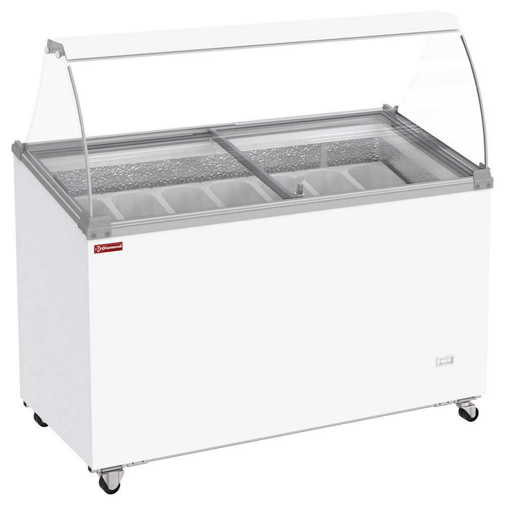 Ice cream display freezer, 381 liters, sliding lids on wheels with curved glass, capacity for 7 tubs