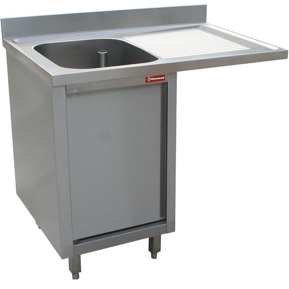Sink 1 tank, right draining board, on cupboard 1 swinging door and space for dishwasher