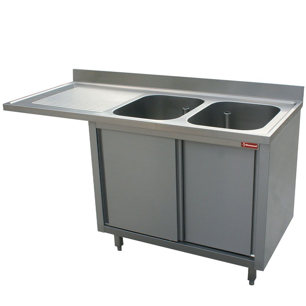 Sink 2 tanks 500x500x325 left draining board on cupboard 2 sliding doors and space dishwasher