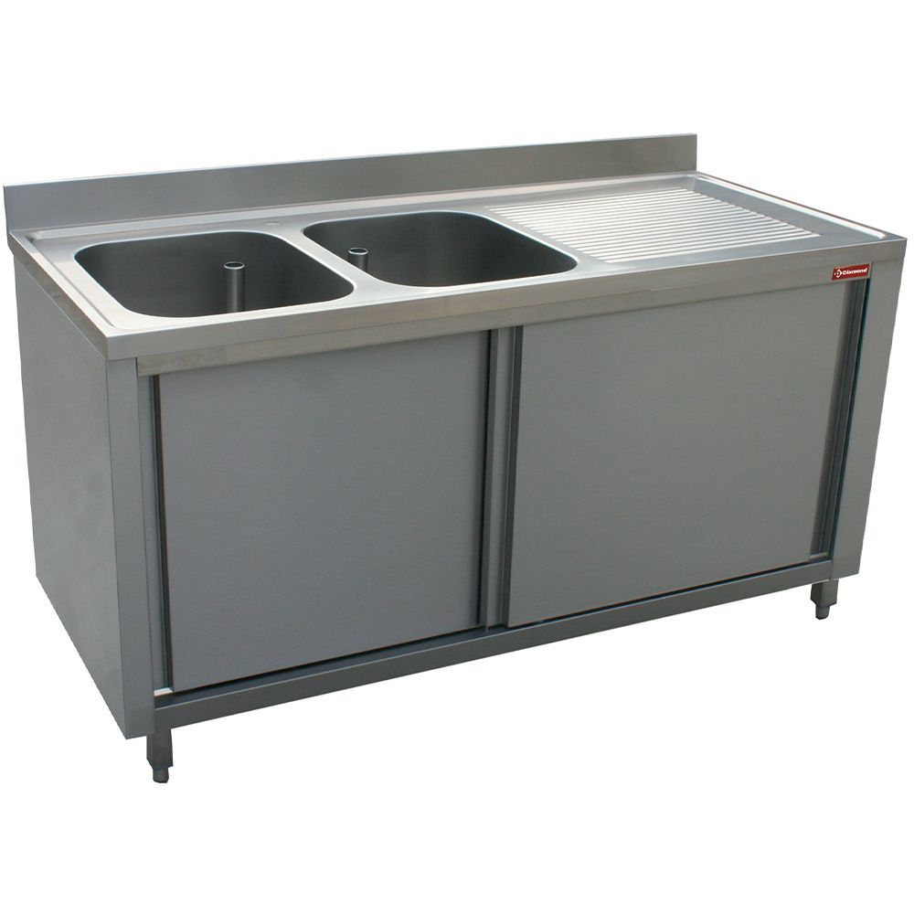 Sink 2 tanks 600x500xh325, right draining board on cupboard 2 sliding doors
