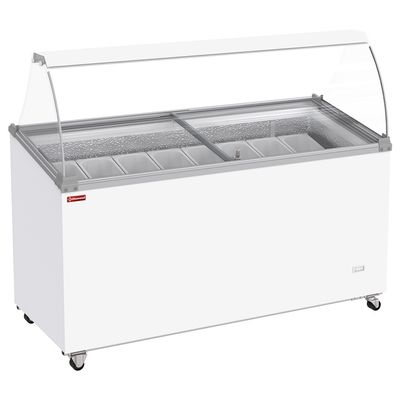 Ice cream display freezer, 467 liters, sliding lids on wheels with curved glass, capacity for 8 tubs