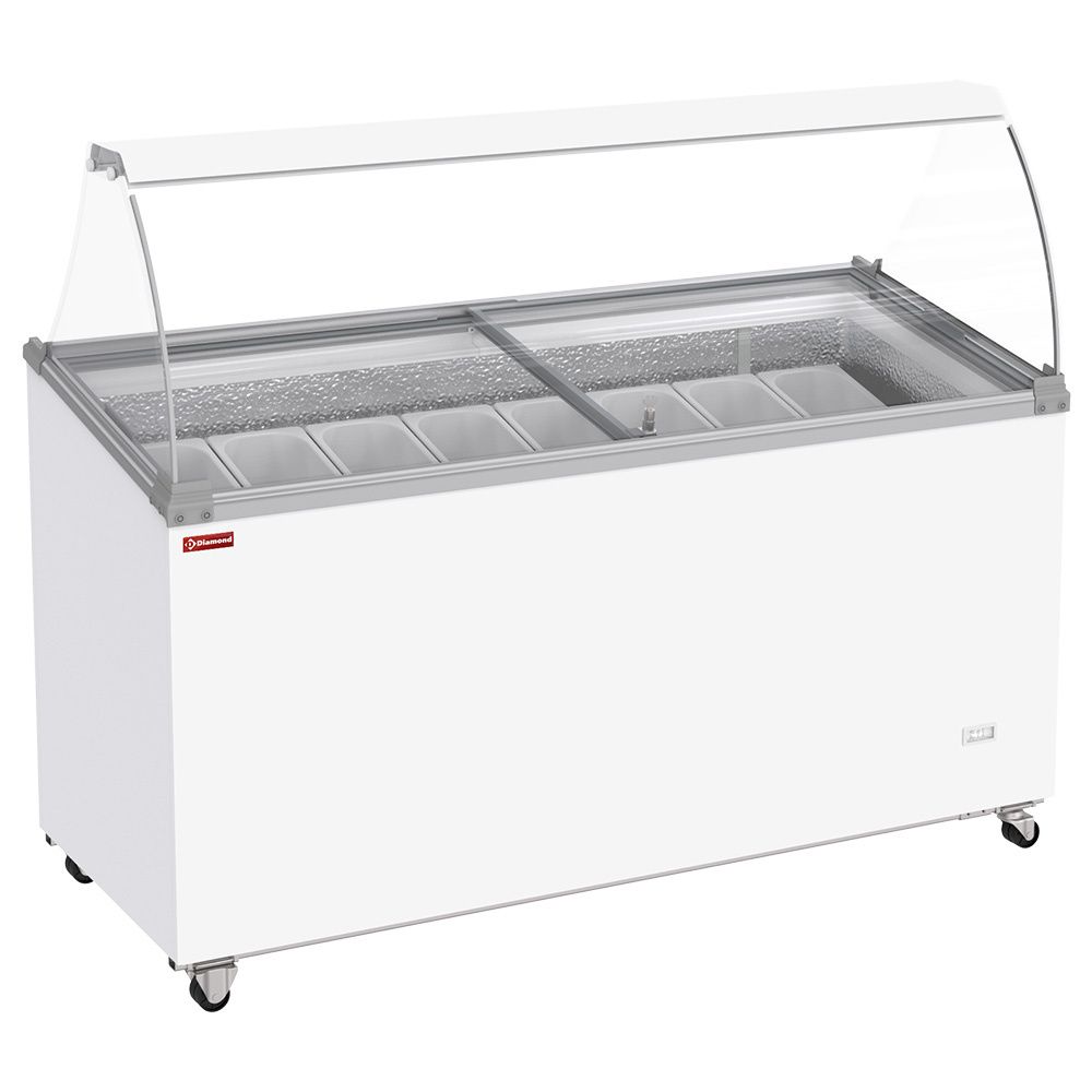 Ice cream display freezer, 467 liters, sliding lids on wheels with curved glass, capacity for 8 tubs