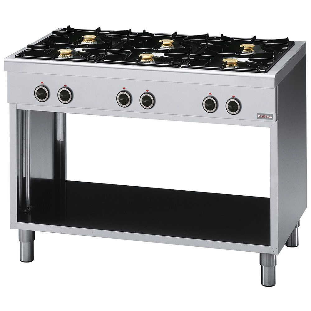 Range with 6 burners, on open cupboard
