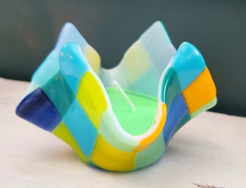 Blue and Green Checkered Candle Vase