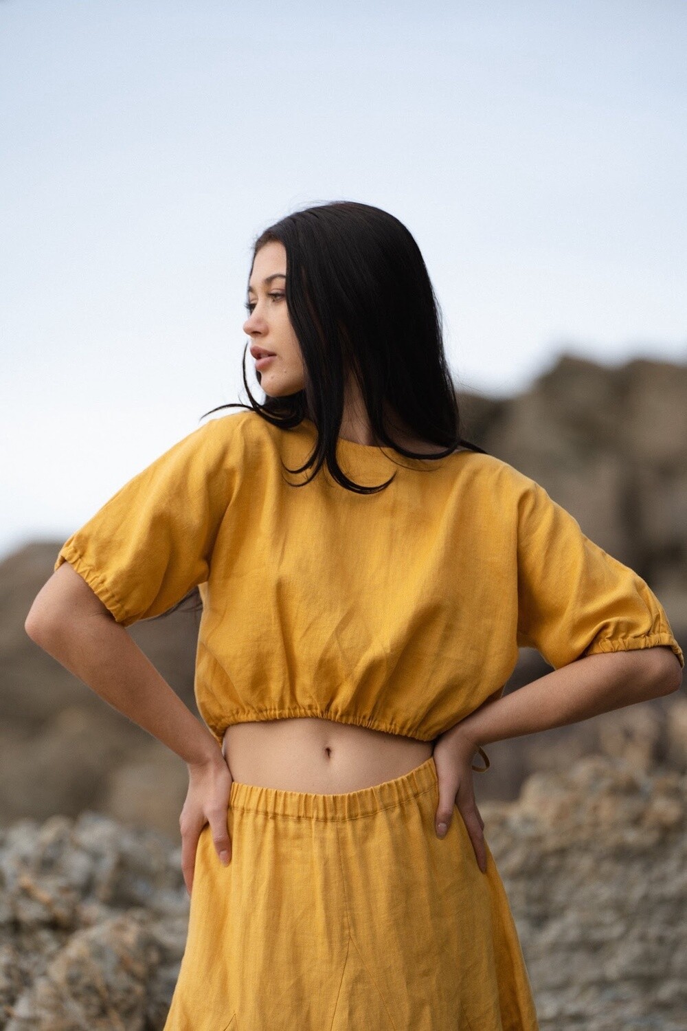 Mila Linen Top, Colour: Sunflower, Size: S