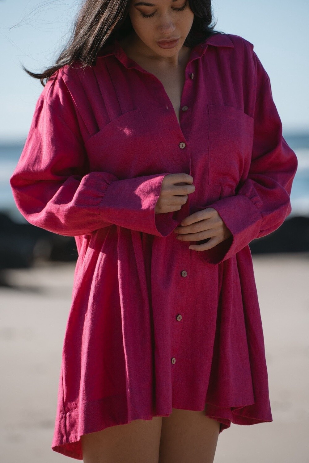 Isabella Linen Shirt Dress in Fuchsia