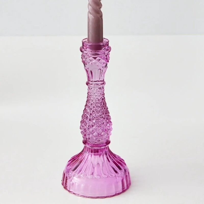 Tall Vintage Cut Coloured Glass Candle Holder in Pink