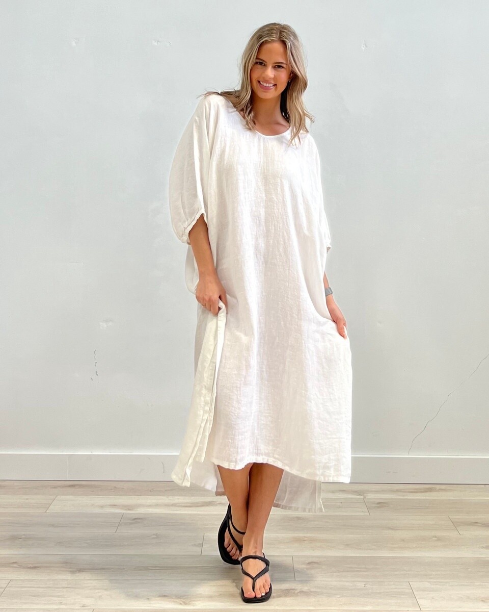 Joyce Elasticated Sleeves Kaftan in Optic White