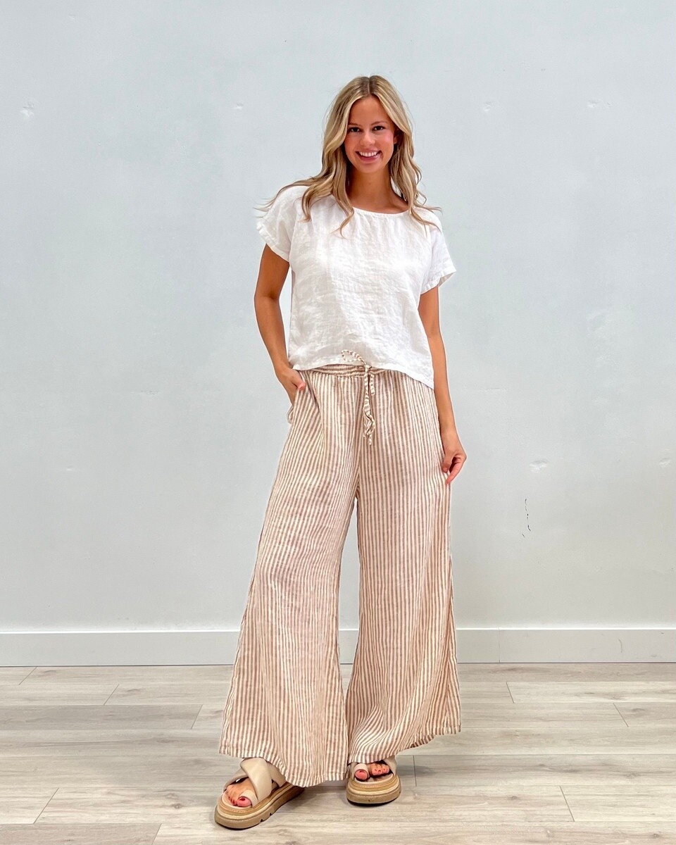 Noemi Wide Legged Linen Pants in Rust Stripe