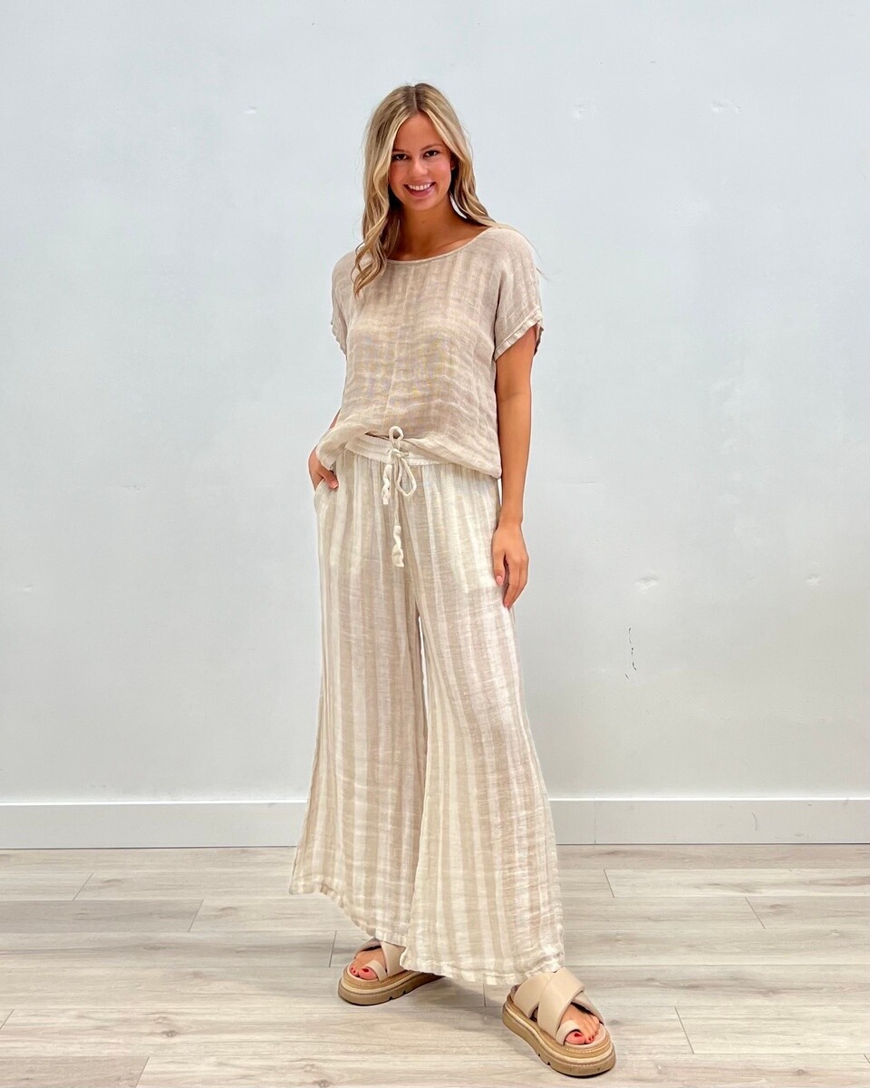 Bella Wide Legged Linen Pants in Natural Stripe