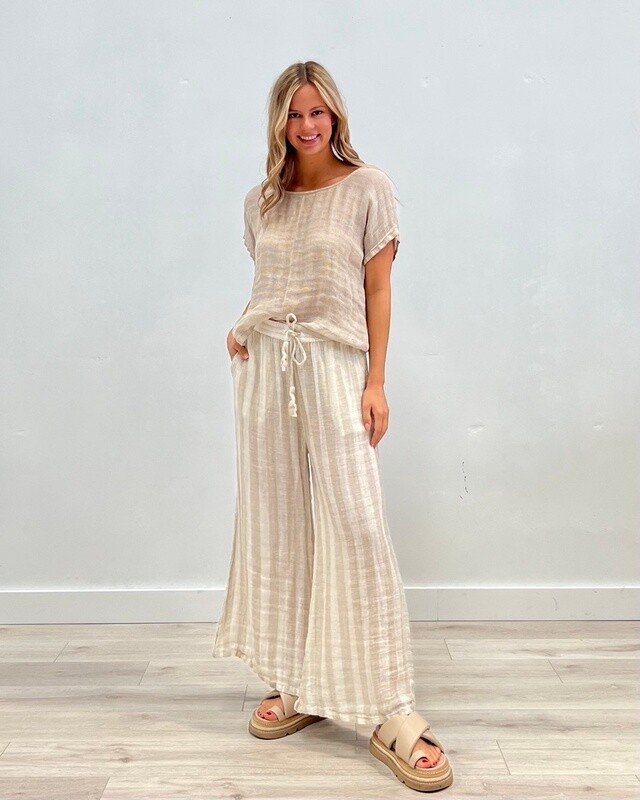 Bella Wide Legged Linen Pants in Natural Stripe
