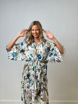 Bird Print Teal Half Sleeves Kimono