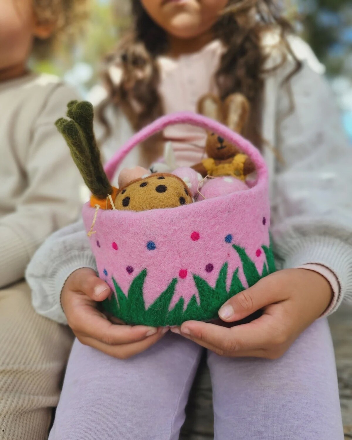 Felt Pink Basket with Polka Dots