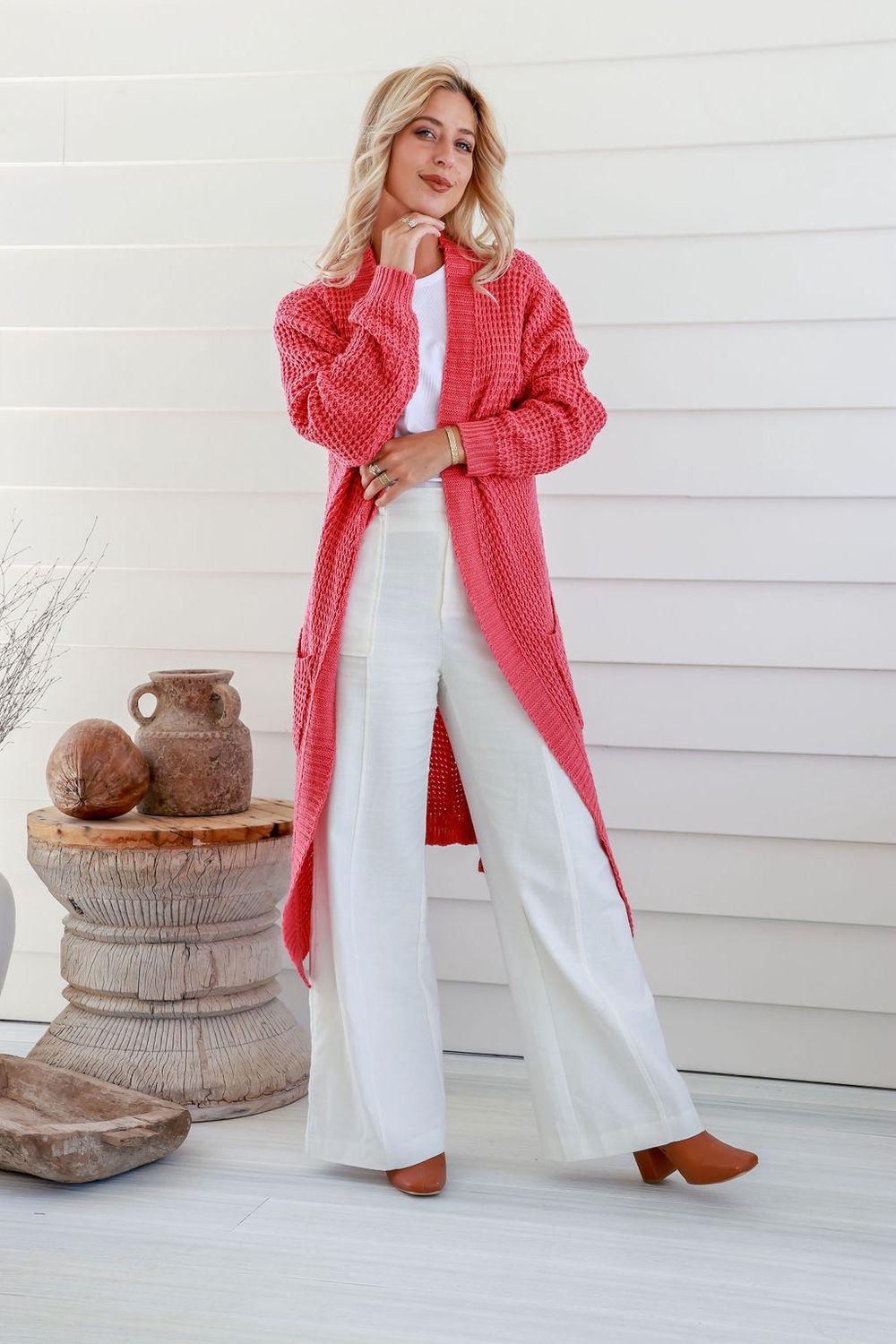 Long Knit Cardigan in Salmon