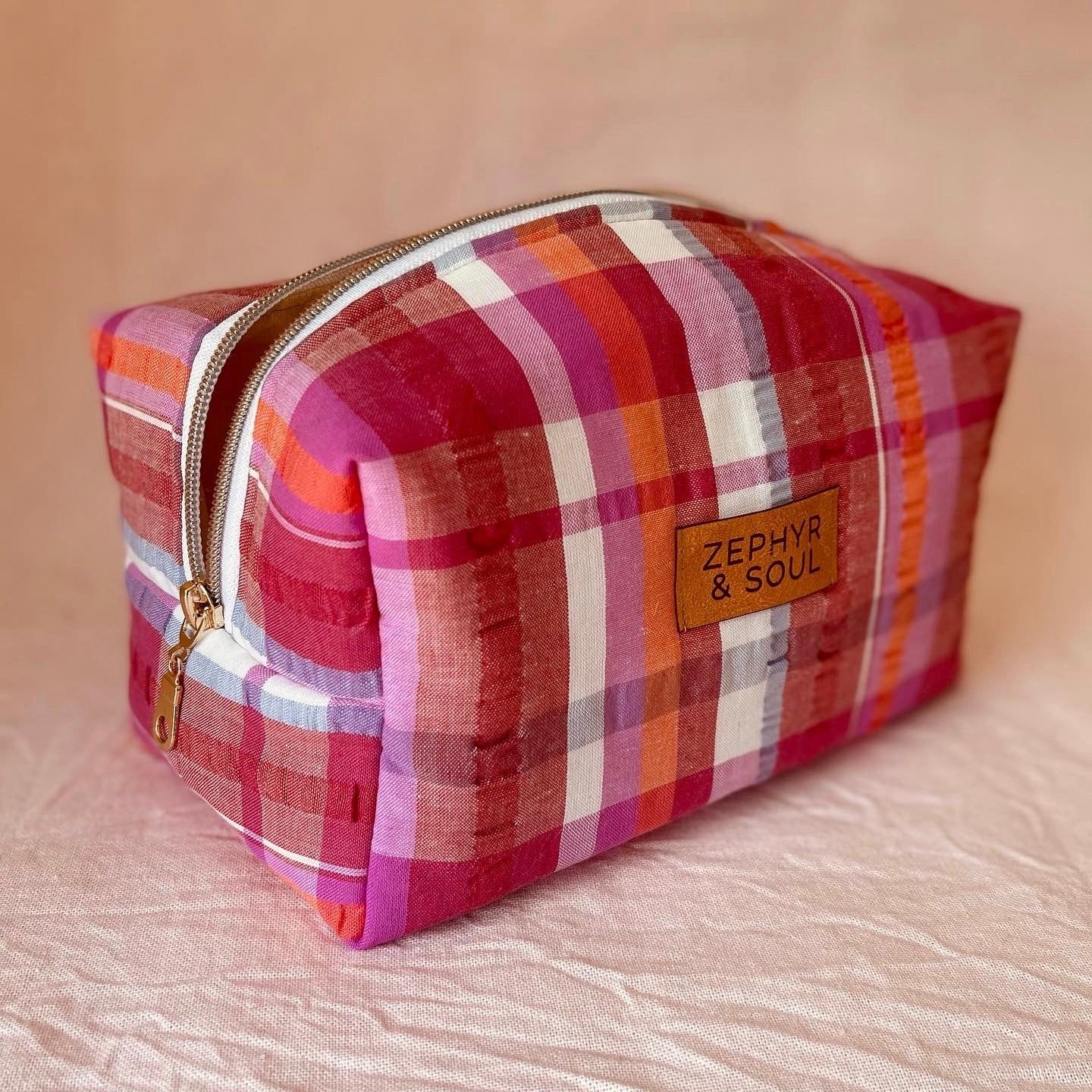 Make Up Bag in Raspberry Gingham