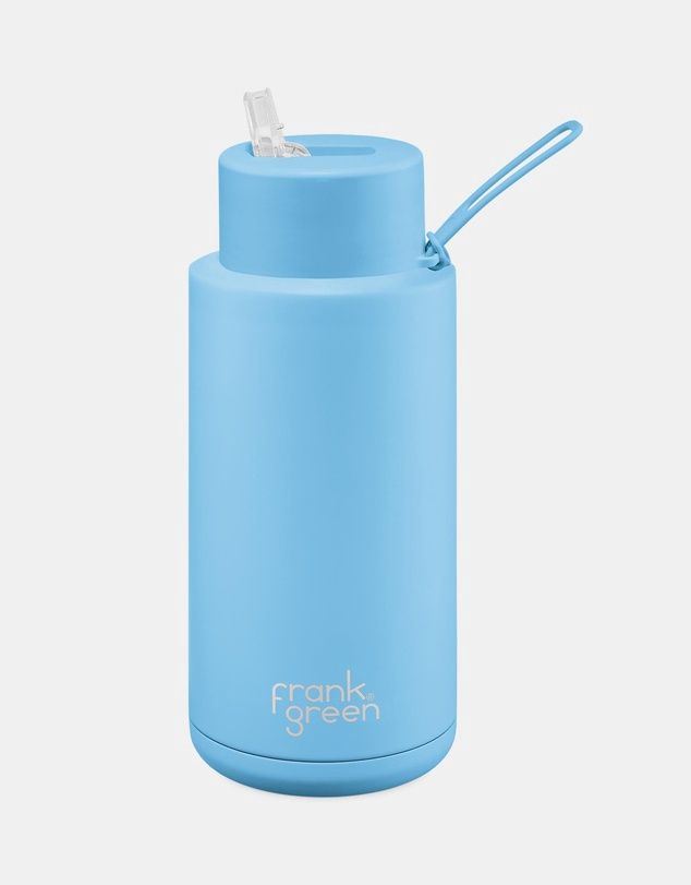 Sky Blue Ceramic Reusable Bottle with Straw Lid - 34oz / 1000ml