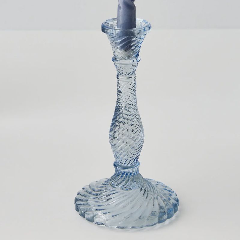 Tall Vintage Stem Coloured Glass Candle Holder Blue