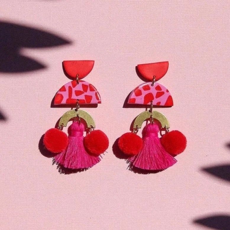 Red Pom Pom Earrings