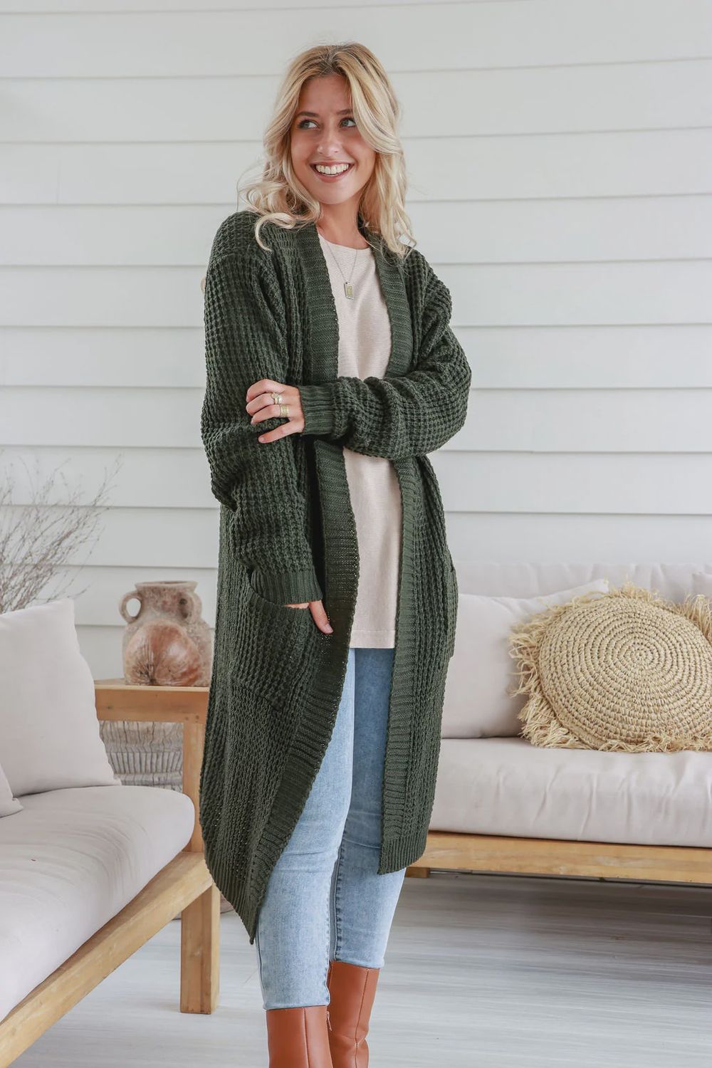 Long Knit Cardigan in Khaki