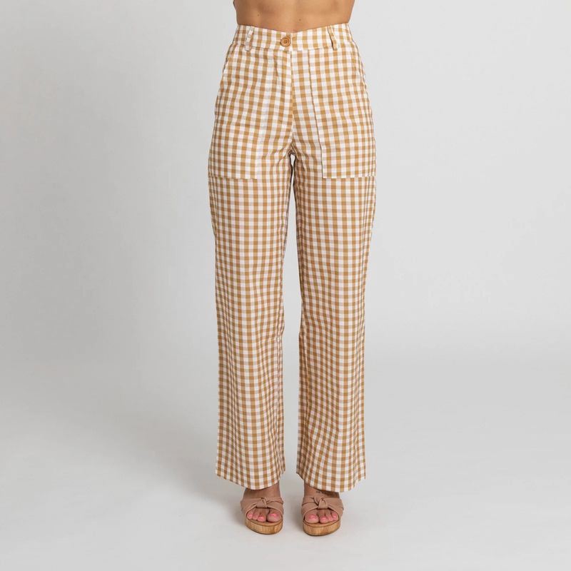 Mustard Gingham Cotton Pants By Miss Jane