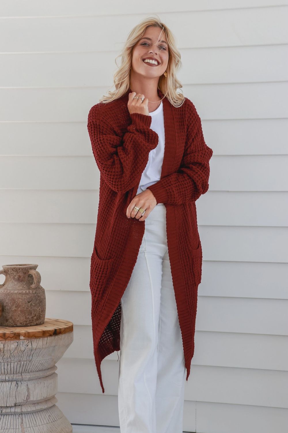 Long Knit Cardigan in Berry
