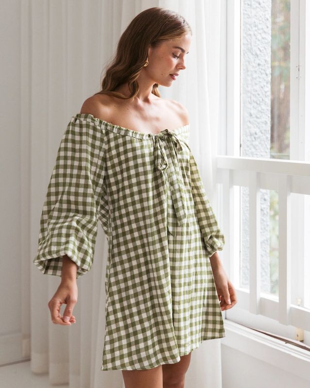 Gingham Mini Dress in Green Gingham