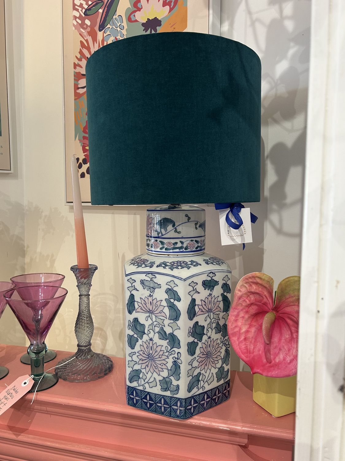 Sandringham Vintage Floral Ceramic Lamp with Teal Velvet Shade