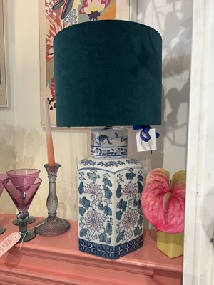 Sandringham Vintage Floral Ceramic Lamp with Teal Velvet Shade