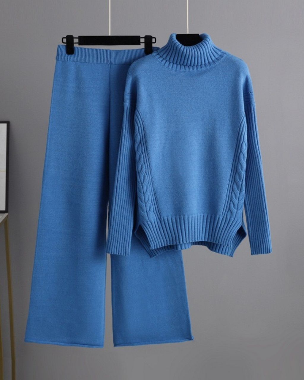 Ribbed Neck and Sleeves Lounge Knit Set in Cobalt