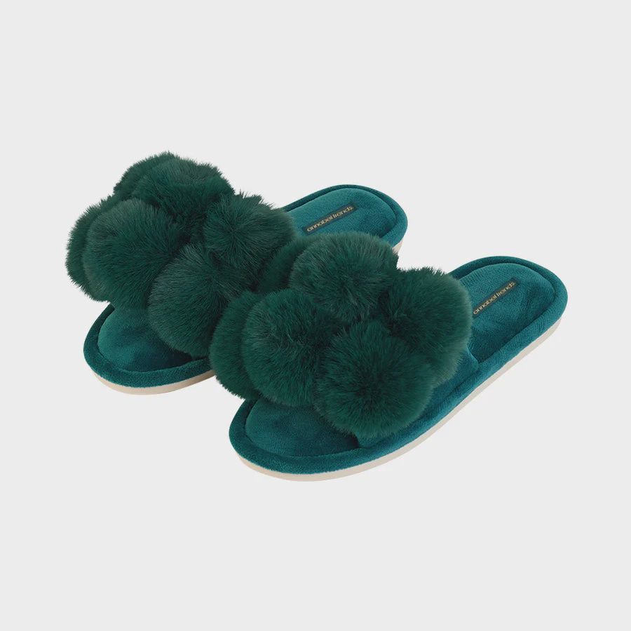 Cozy Luxe Pom Pom Slipper in Emerald