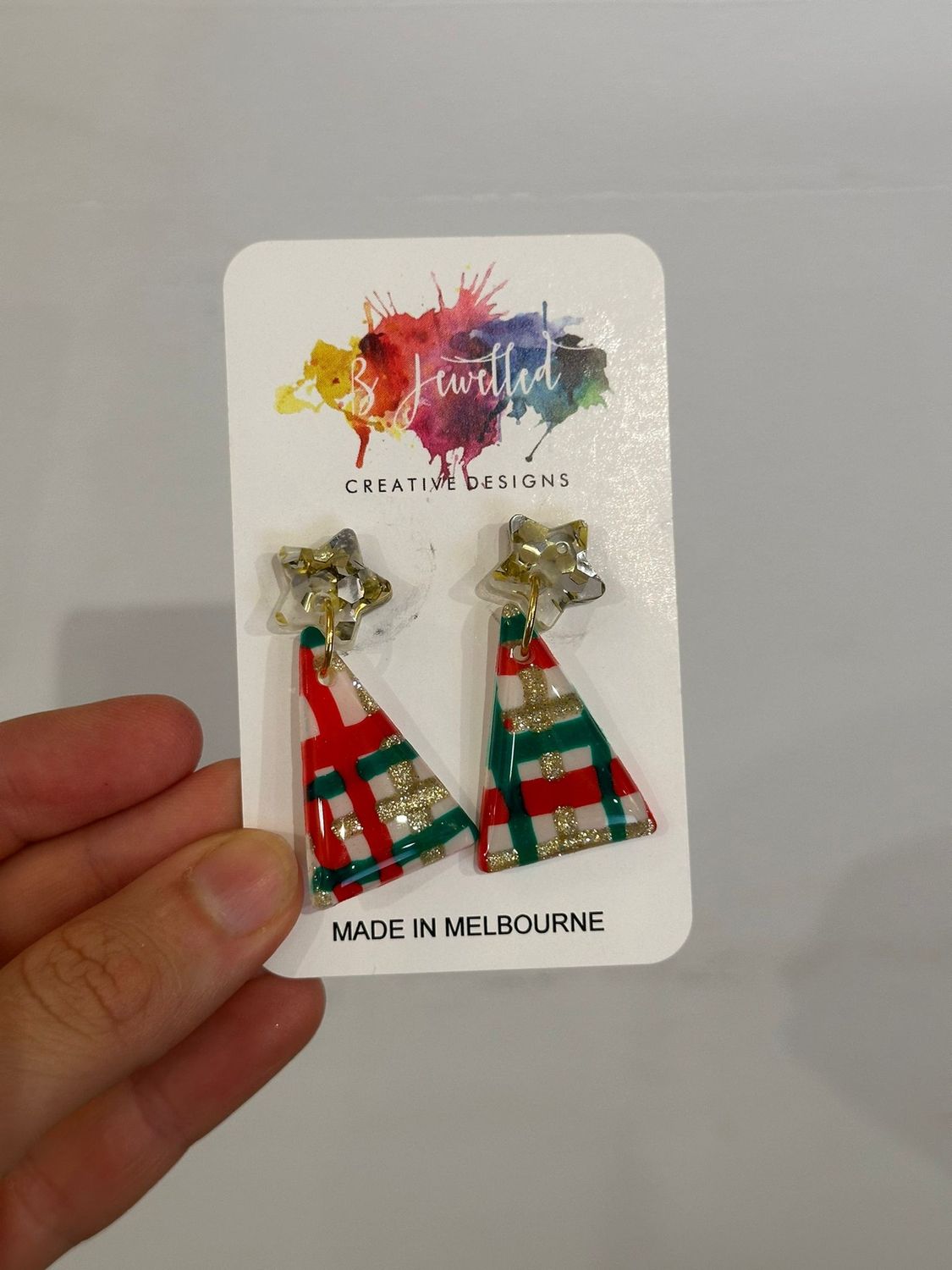 Bjewelled Christmas Tree Dangle Earrings in Red, Green &amp; Gold Sparkle